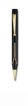 Long Island Wing-Flow #A5 black celluloid fountain pen and mechanical pencil set with gold-filled inlays.
